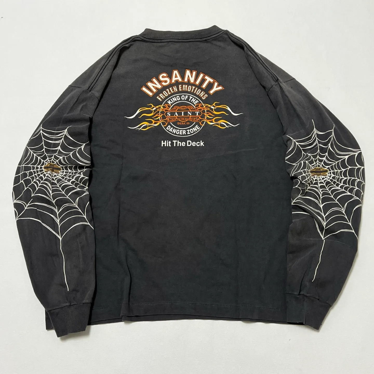 SAINT Mxxxxxx × TEFLON DISCO ML_LS TEE/INSANITY/BLK Spider Web INSANITY Distressed Long Sleeves Washed Black S-XL Ready-to-wear Assute dyeing Maliu water spray fading treatment Customized TEFLON DISCO co-branded accessories Hand-splashed ink Wormhole fraying treatment Authentic level printing process